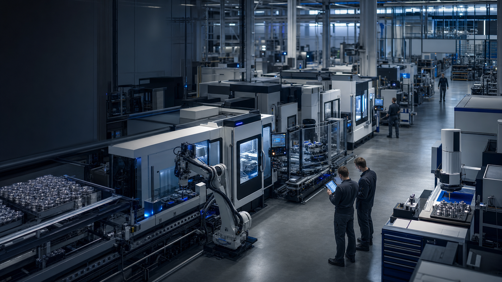 Stabilimento industriale con celle di produzione automatizzate e tecnici che verificano informazioni operative